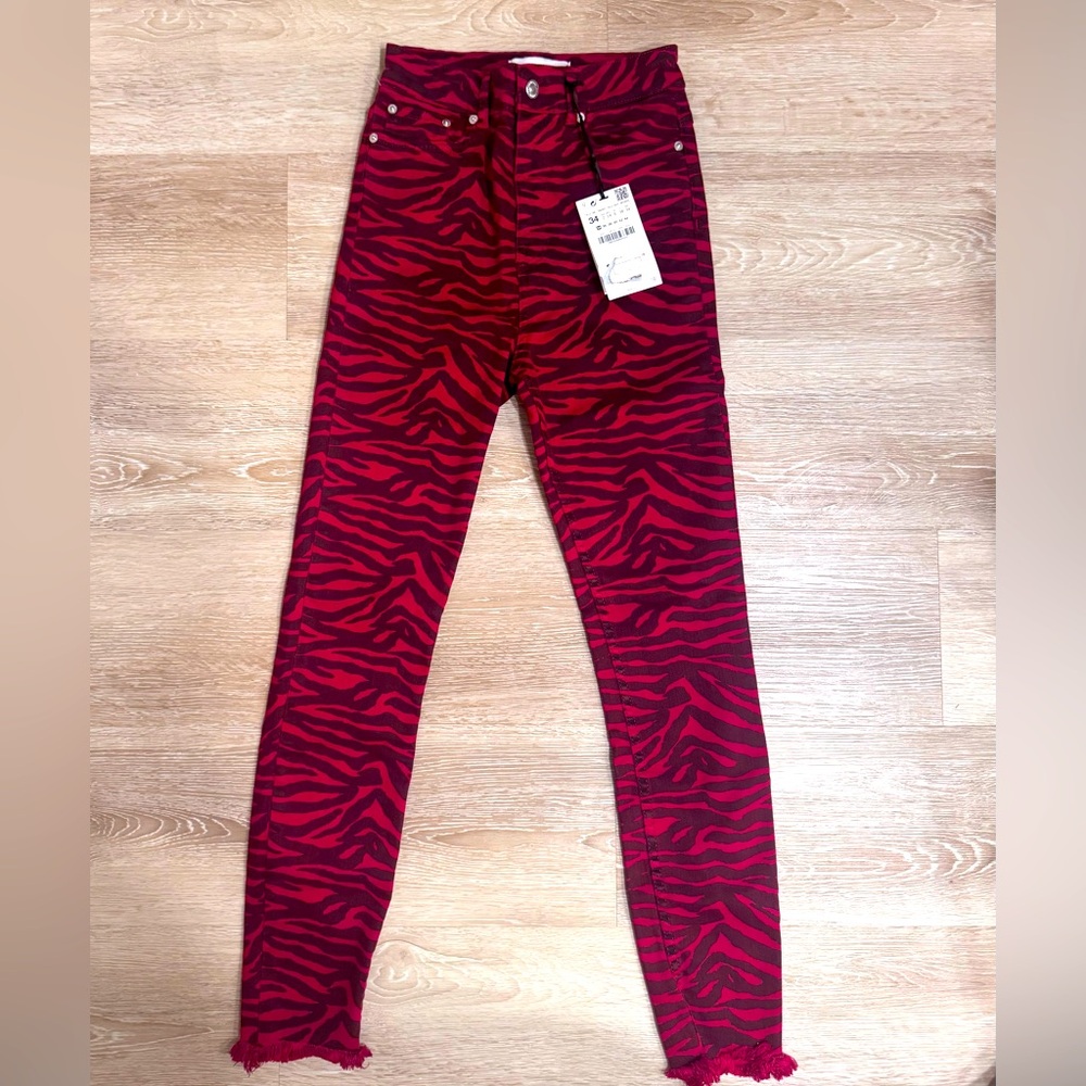NWT Zara premium denim Red and Black Zebra Stripe Jeans Size 2